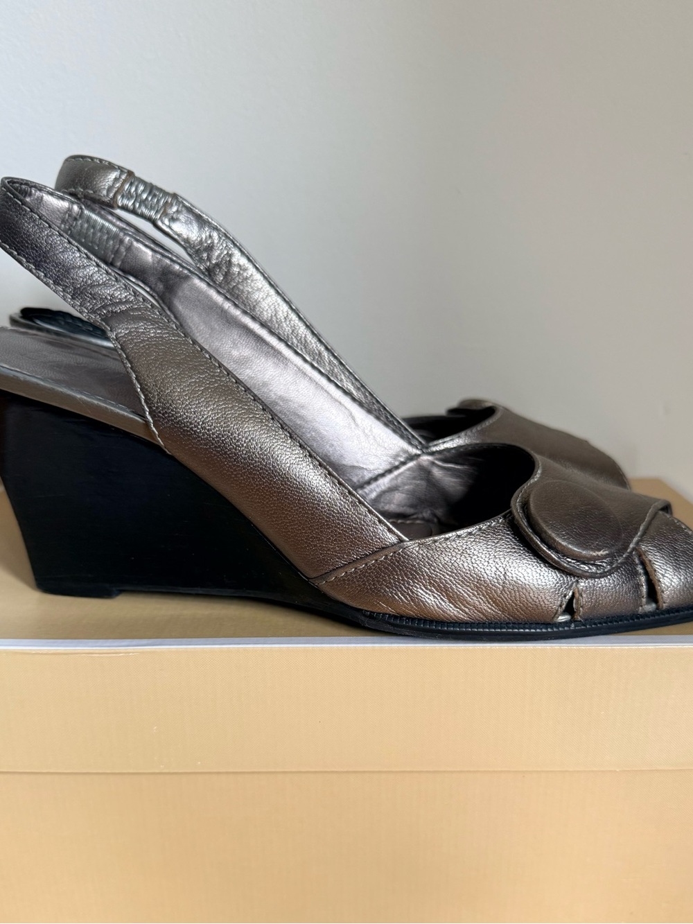 Franco Sarto Metallic Pewter Slingback Wedge Heels